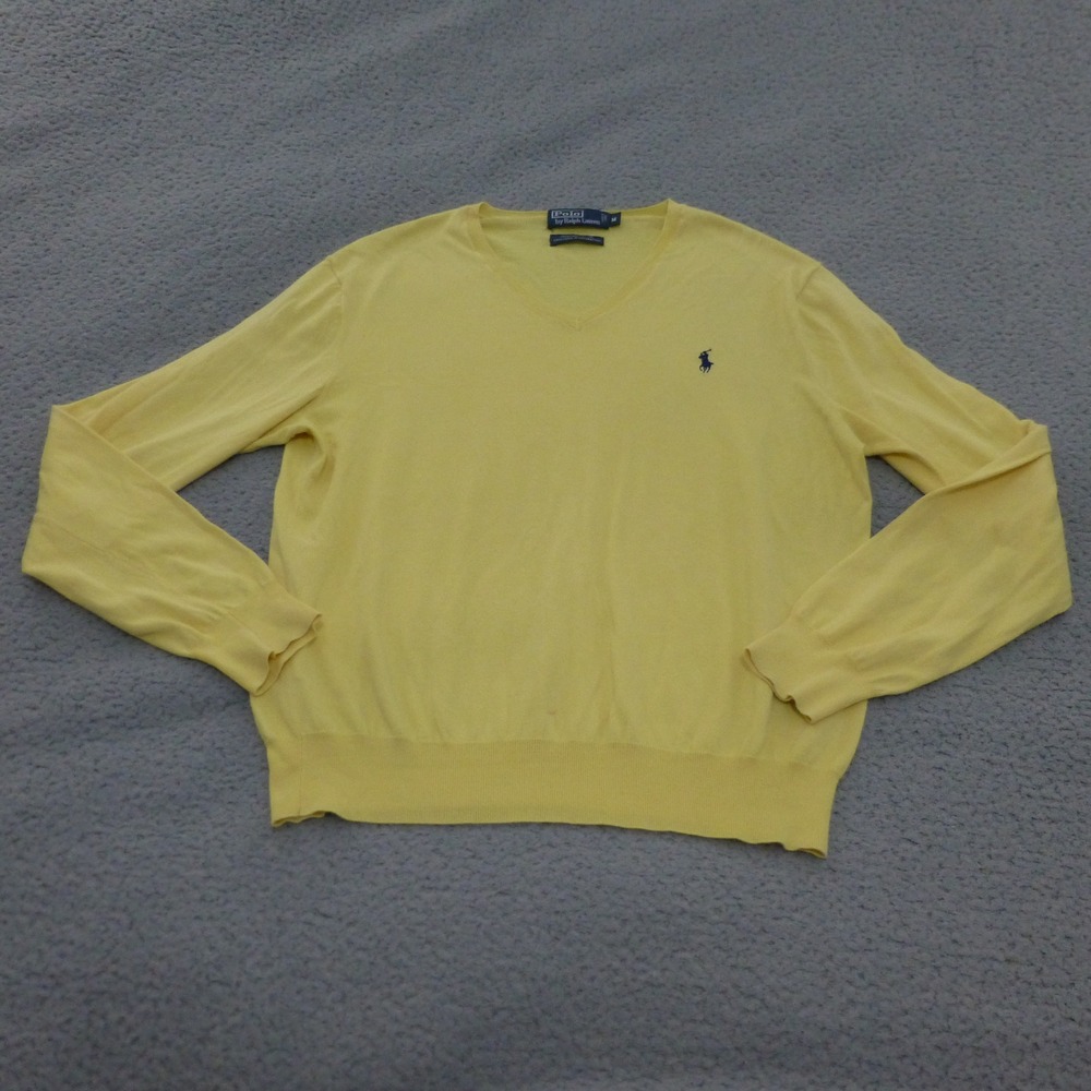 Polo Ralph Lauren V-Neck Sweater Mens Size Medium Yellow 100% Pima Cotton Pony